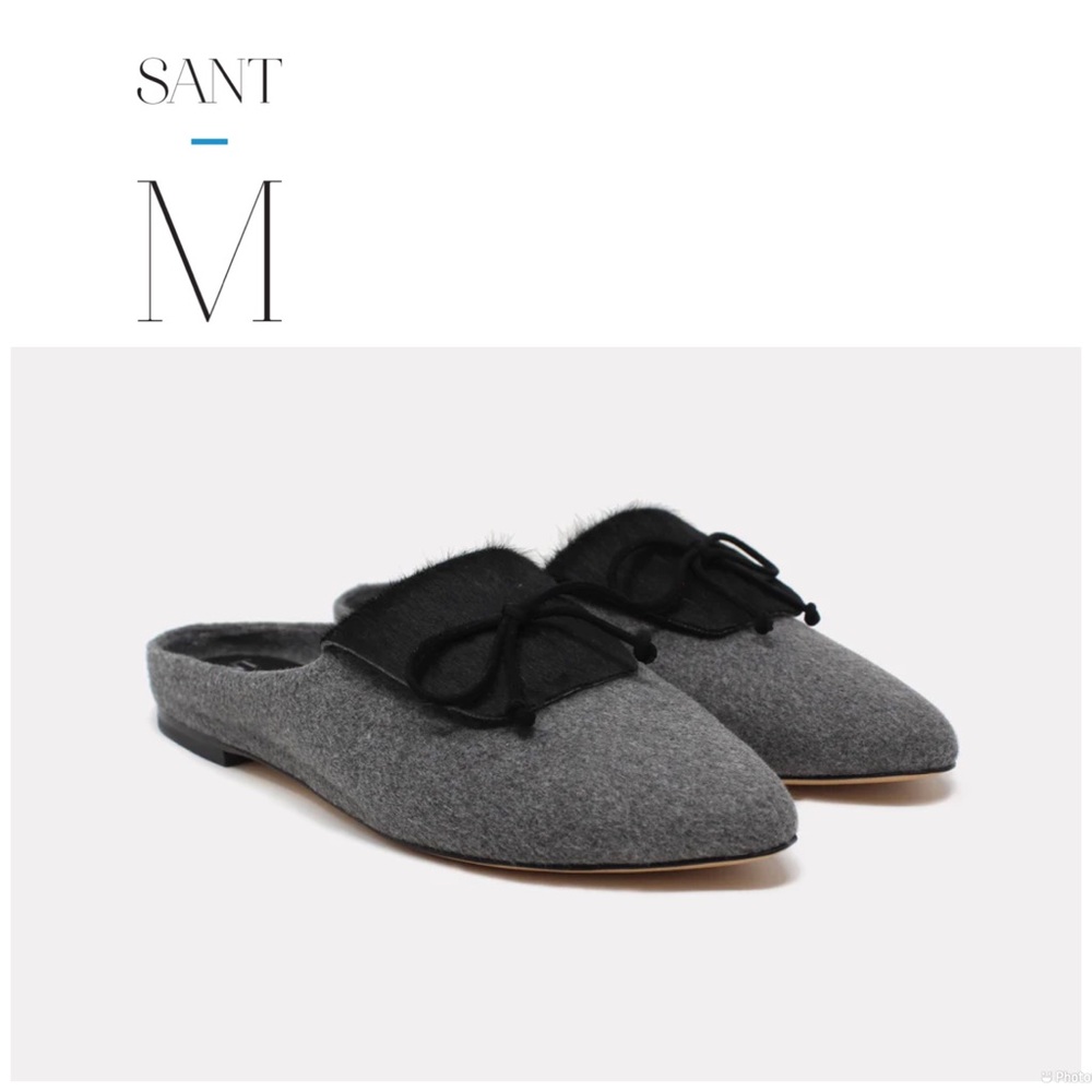 Gray Felt Pointed Mule with Black Fur Trim